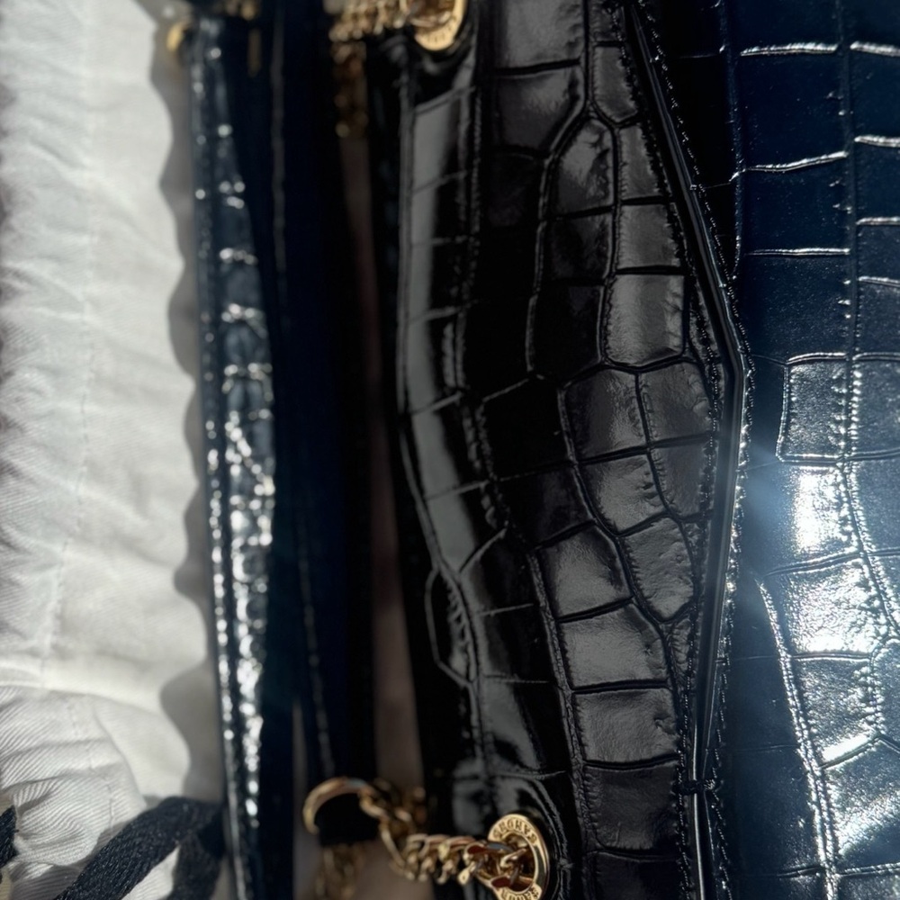 Sandro Black Croc-Embossed Patent Leather Crossbody Bag with Gold Ring Clasp - Picture 14 of 16